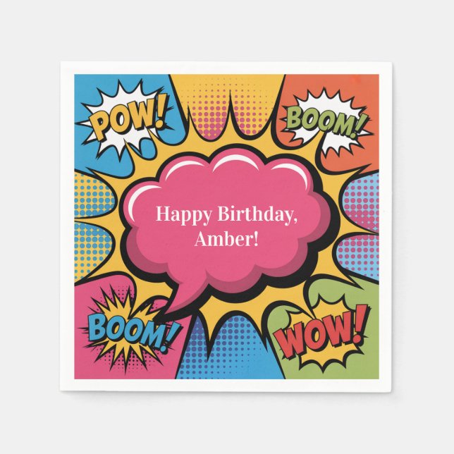 Girls’ Colorful Pop Art Birthday Party Napkin (Front)