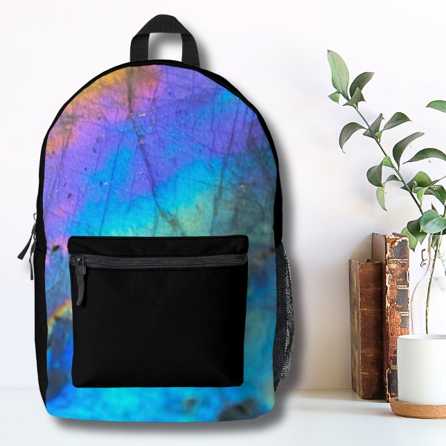 Girls Colourful Marble Pretty Cute Printed Backpack (Trendy Modern Rainbow Labradorite Crystal Stone Printed Backpack)