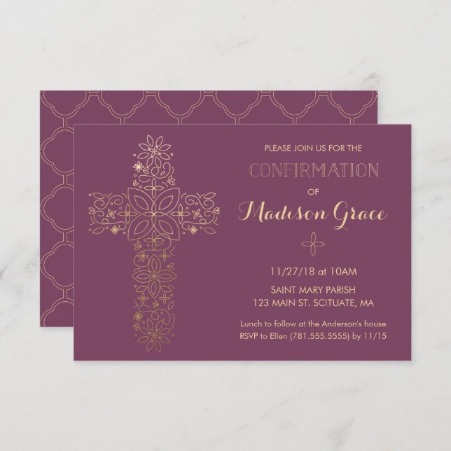 Girl's Confirmation Invitation with Gold Cross (Front/Back)
