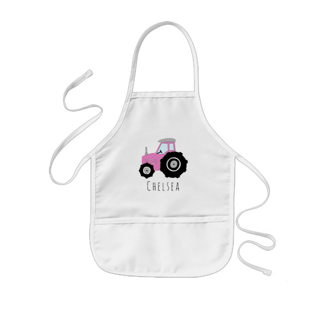 Girl's Cool Doodle Pink Farm Tractor with Name Kids Apron (Front)