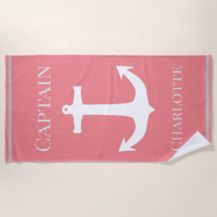 Girl's Coral Pink Captain Name with Large Anchor Beach Towel