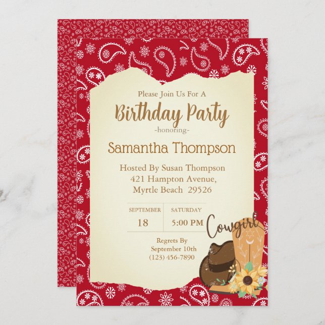 Girls Cowboy Birthday Red Bandanna Sunflower    Invitation (Front/Back)