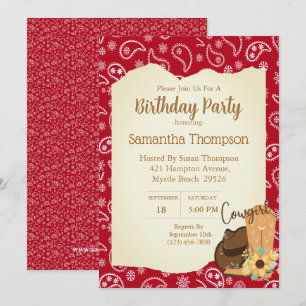 Girls Cowboy Birthday Red Bandanna Sunflower    Invitation