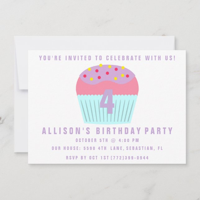 Girls Cupcake Four 4th Birthday Party Invite (Front)