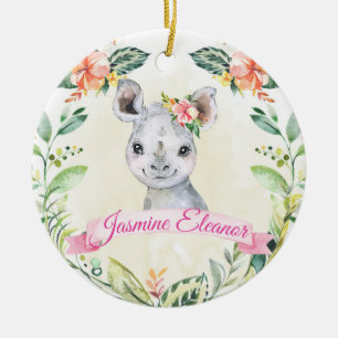 Girls Custom Rhino Safari Animal Cute Holiday Ceramic Ornament