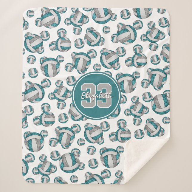 girls custom teal grey white volleyballs pattern sherpa blanket (Front)