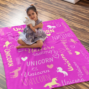 Girls Customisable Magical Unicorn Pink Yellow Fleece Blanket