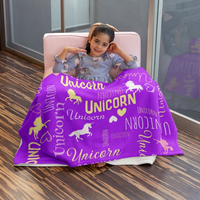 Girls Customisable Magical Unicorn Purple Pink  Fleece Blanket (Creator Uploaded)