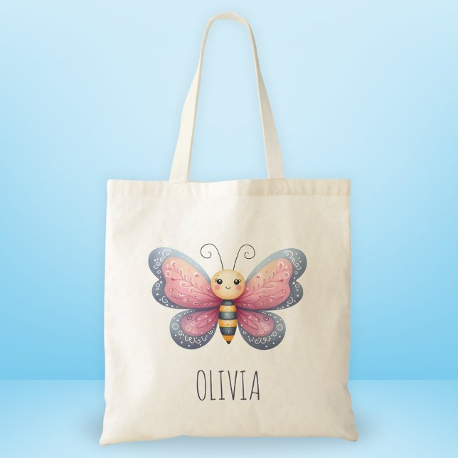 Girls' Cute Aesthtetic  Pink and Grey Butterfly Tote Bag (Creator Uploaded)