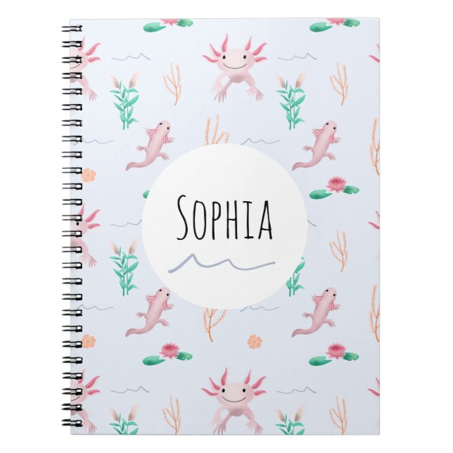 Girls Cute and Unique Pink Axolotl Pattern Kids Notebook (Front)