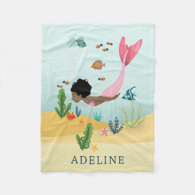 Girls Cute and Whimsical Magical Afro Mermaid Kids Fleece Blanket (Front)