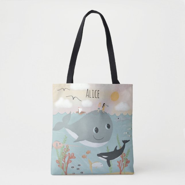 Girls Cute and Whimsical Ocean Whale Tote Bag (Front)