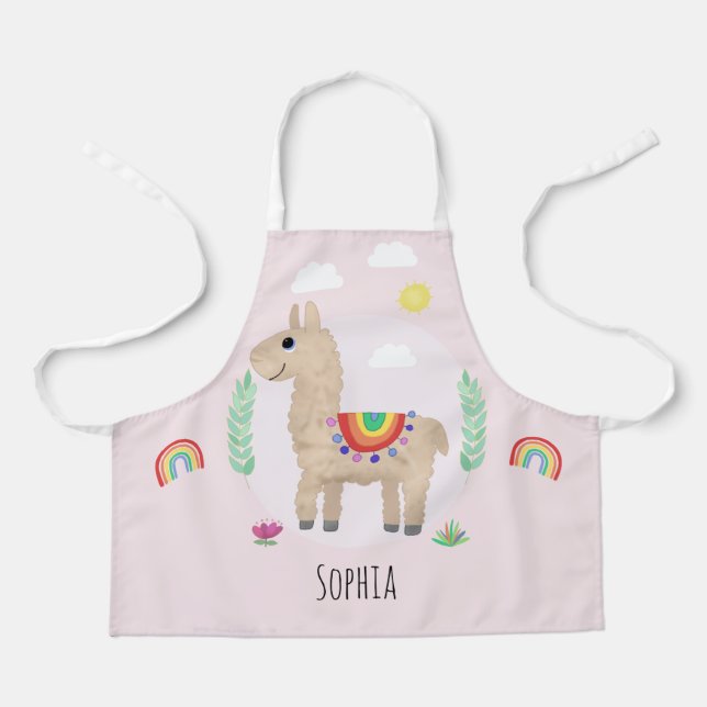 Girls Cute and Whimsical Pink Rainbow Llama Kids Apron (Front)