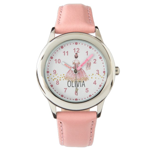 Girls Cute Ballerina Ballet Pink Custom Name Watch (Front)