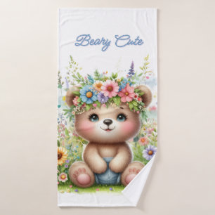 Girls Cute Bear with Pink Blue Flowers Bath Towel
