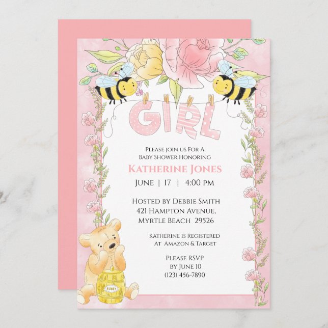 Girls Cute Bees and Honey Bear Baby Shower Invitation (Front/Back)