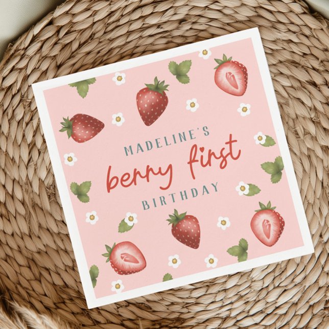 Girls Cute Berry First Summer Kids 1st Birthday Napkin (Creator Uploaded)