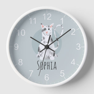 Girls Cute Black and White Cat Cartoon & Name Kids Clock