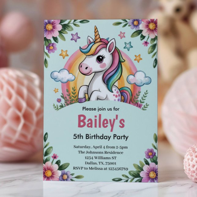 Girls Cute Blue Unicorn Kids Birthday Invitation (Creator Uploaded)