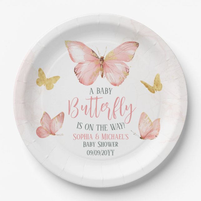 Girls Cute Blush Pink Butterfly Baby Shower Party Paper Plate (Front)