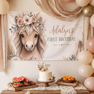 Girls Cute Boho Horse First Birthday Banner