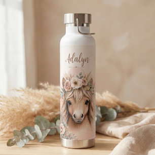 Girls Cute Boho Horse Personalised Name Water Bottle
