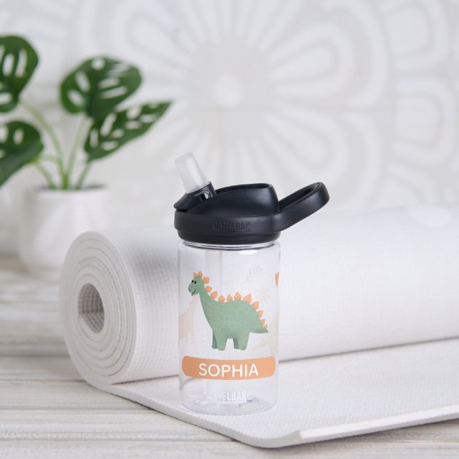 Girls Cute Boho Pink Dinosaur and Flowers Kids Water Bottle (Yoga)