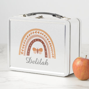 Girls Cute Boho Rainbow Butterfly Personalised Metal Lunch Box