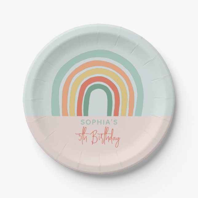 Girls Cute Boho Rainbow Kids Birthday Paper Plate (Front)
