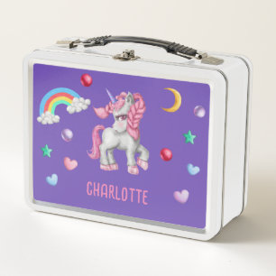 Girls Cute Boho Unicorn & Rainbow Kids School Metal Lunch Box