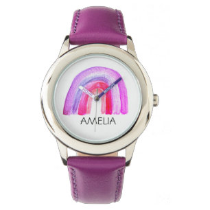 Girls Cute Boho Watercolor Rainbow and Name Watch