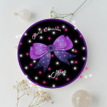 Girls Cute Bow Merry Christmas custom name Classic Round Sticker<br><div class="desc">Girls Cute Bow Merry Christmas custom name Classic Round Sticker. Personalise it with your names on it.</div>