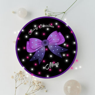 Girls Cute Bow Merry Christmas custom name Classic Round Sticker