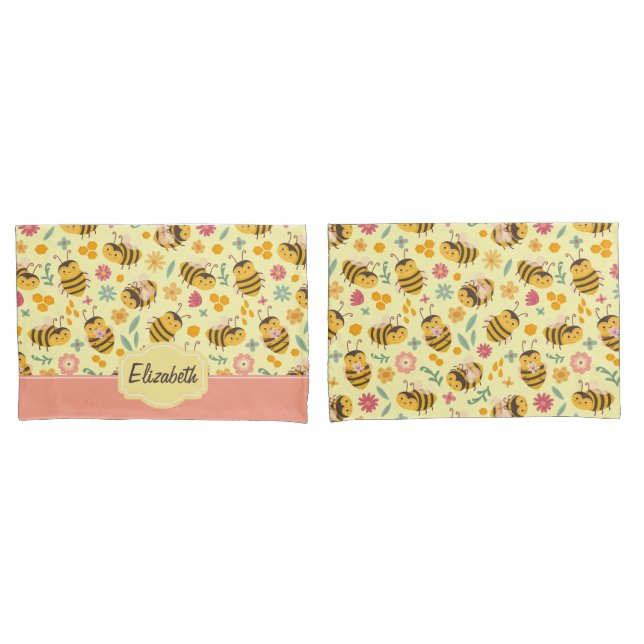 Girls Cute Bumble Bee Spring Floral Pattern Kids Pillowcase (Front-Set)