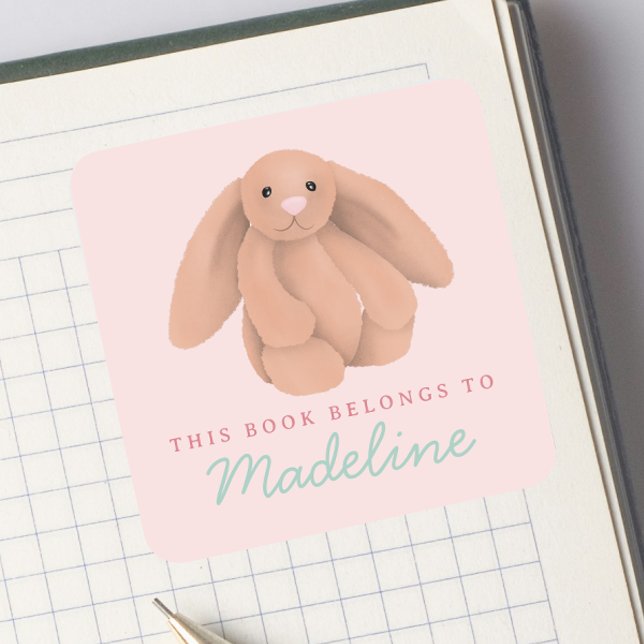 Girls Cute Bunny “This Book Belongs” Bookplate  Square Sticker (Creator Uploaded)