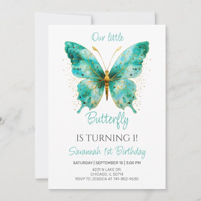 Girls Cute Butterfly 1st Birthday Party Invitation (Front)