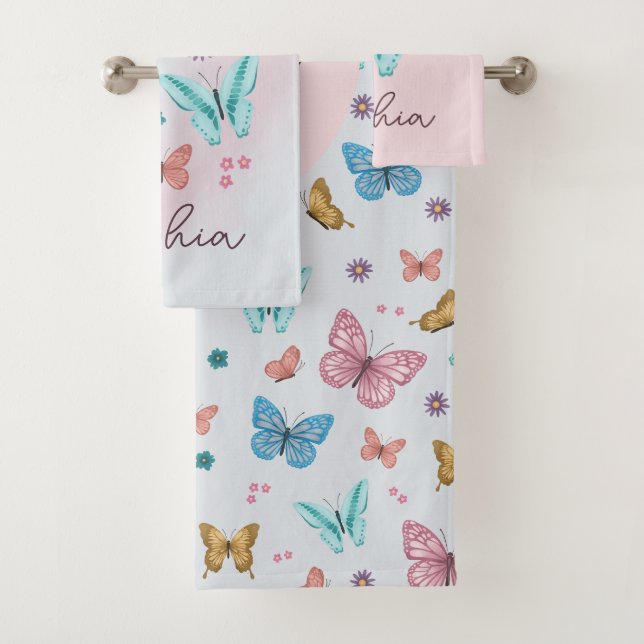 Girls Cute Butterfly Kids Pink Monogram Bath Towel Set (Insitu)