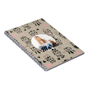 Girls Cute Cat Pattern Monogram Beige Your Photo Notebook