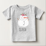 Girls Cute Christmas Flower Snowman and Name Baby T-Shirt<br><div class="desc">This adorable kids design features a unique watercolor-style snowman wearing a Christmassy garland,  as well as space for you to personalise the item using your girl's name. The perfect Christmas gift for a snowman-loving kid!</div>