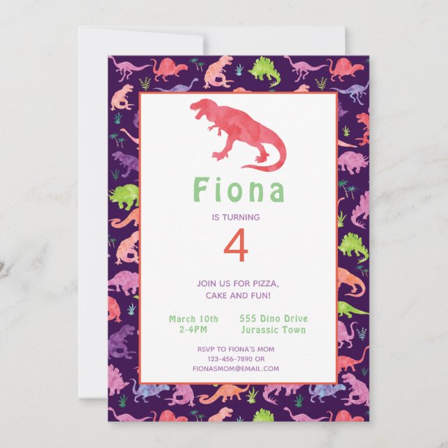 Girls Cute Dinosaur Birthday Watercolor Invitation (Front)