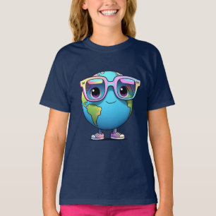 Girls' Cute Earth Cartoon Tee with Glasses