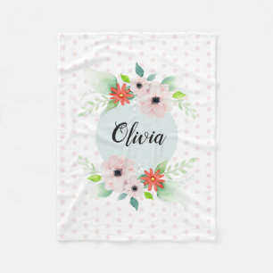 Girls Cute Elegant Watercolor Flowers & Name Kids Fleece Blanket