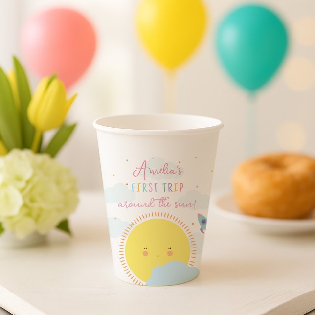 Girls Cute First Trip Around The Sun 1st Birthday Paper Cups (Creator Uploaded)