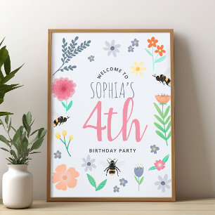 Girls Cute Floral Bee Birthday Welcome Sign