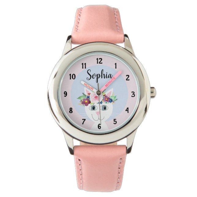 Girls Cute Floral Cat Cartoon and Name Kids Watch (Front)