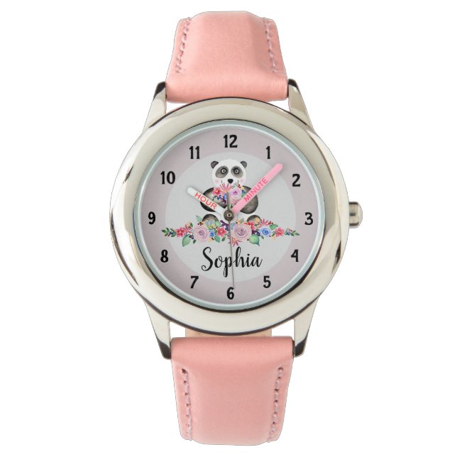 Girls Cute Floral Panda Bear and Name Kids Watch (Front)