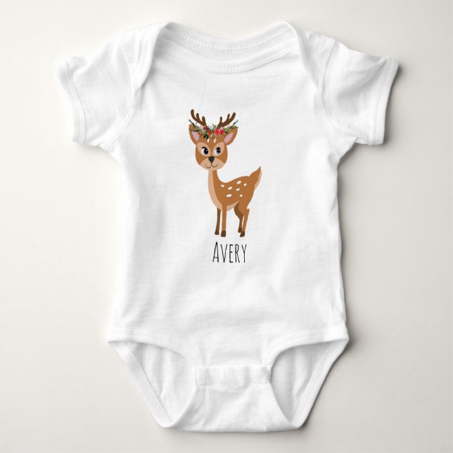 Girls Cute Floral Reindeer Christmas Flowers Name Baby Bodysuit (Front)