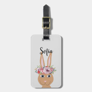 Girls Cute Floral Watercolor Bunny Rabbit Luggage Tag