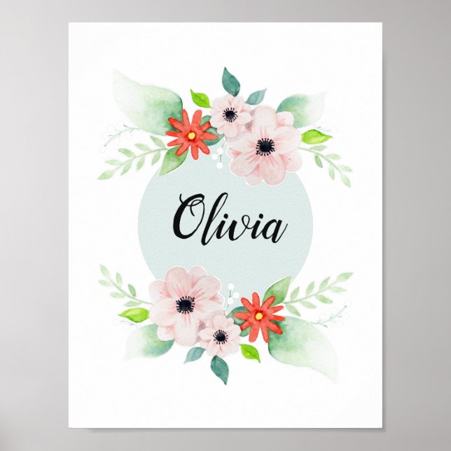Girls Cute Floral Watercolor Flowers and Name Poster (Front)