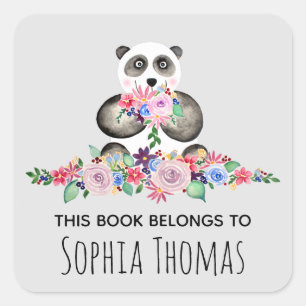 Girls Cute Floral Watercolor Panda Name Bookplate Square Sticker